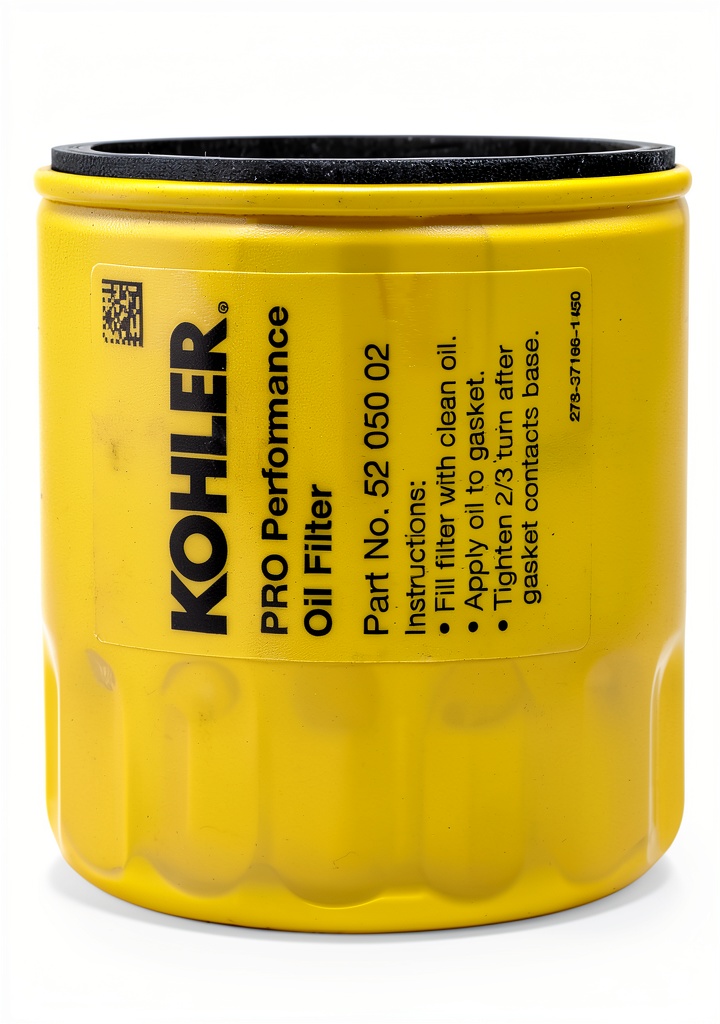 Kohler lawn mower oil filter with multiple finishes displayed on a workbench